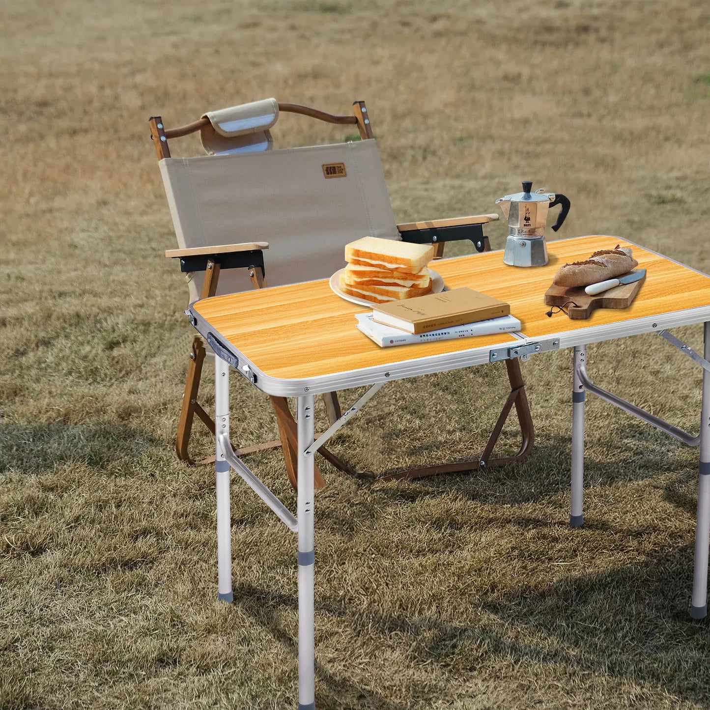 3ft Wood Grain Outdoor Folding Table Aluminum Alloy Rectangular 50kg Two Fold Tabletop
