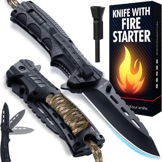 Pocket Knife with Paracord, Whistle & Fire starter